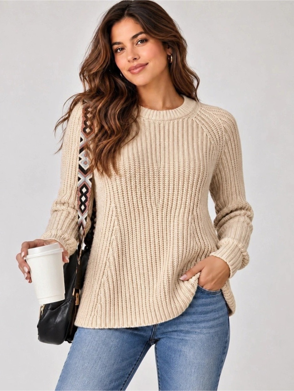 Athleta Sierra Crew Sweater Ribbed Beige XS